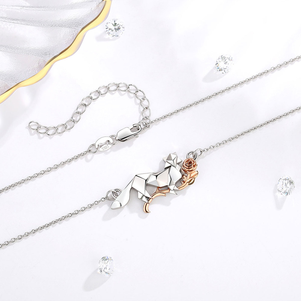925 Sterling Silver Fox and Rose Love and Romance Pendant