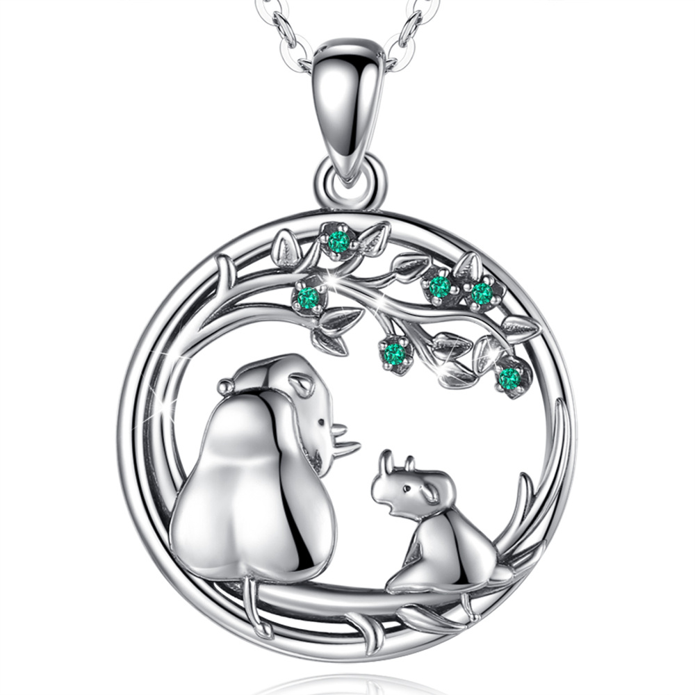 925 Sterling Silver Mother & Baby Rhino Pendant Necklace with Green CZ