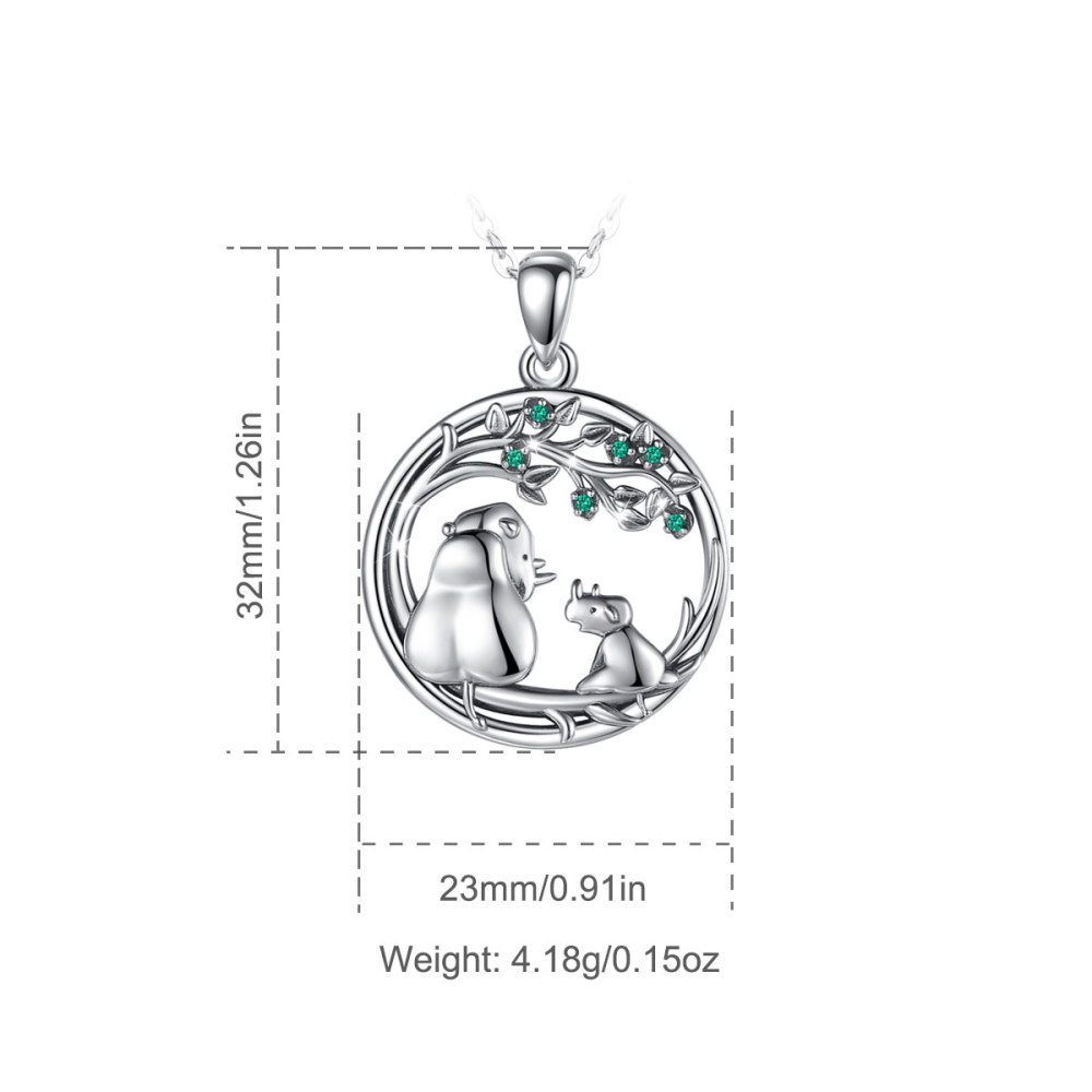 925 Sterling Silver Mother & Baby Rhino Pendant Necklace with Green CZ