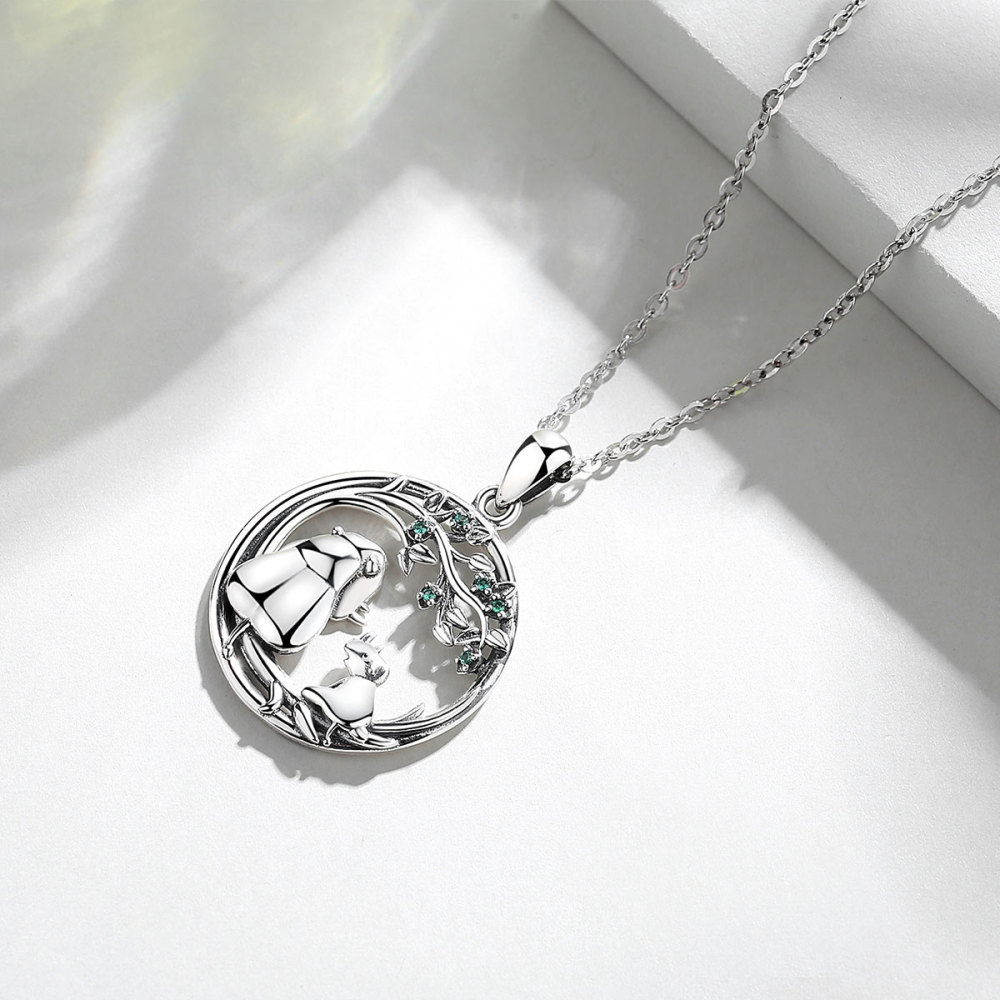 925 Sterling Silver Mother & Baby Rhino Pendant Necklace with Green CZ