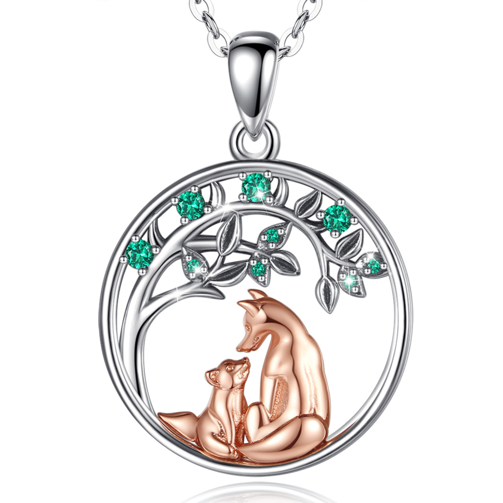 925 Sterling Silver Fox Pendant Mother & Baby Fox Necklace with Green CZ