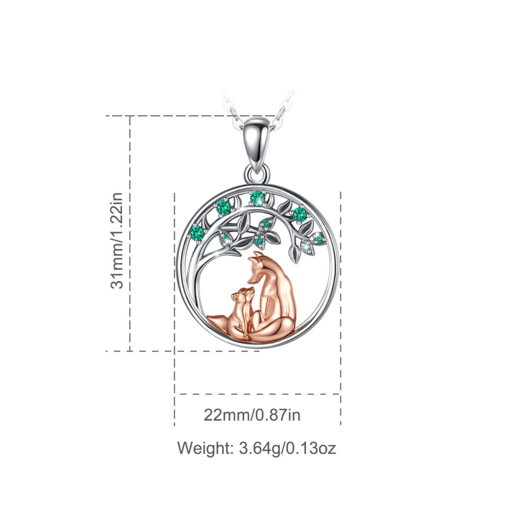 925 Sterling Silver Fox Pendant Mother & Baby Fox Necklace with Green CZ