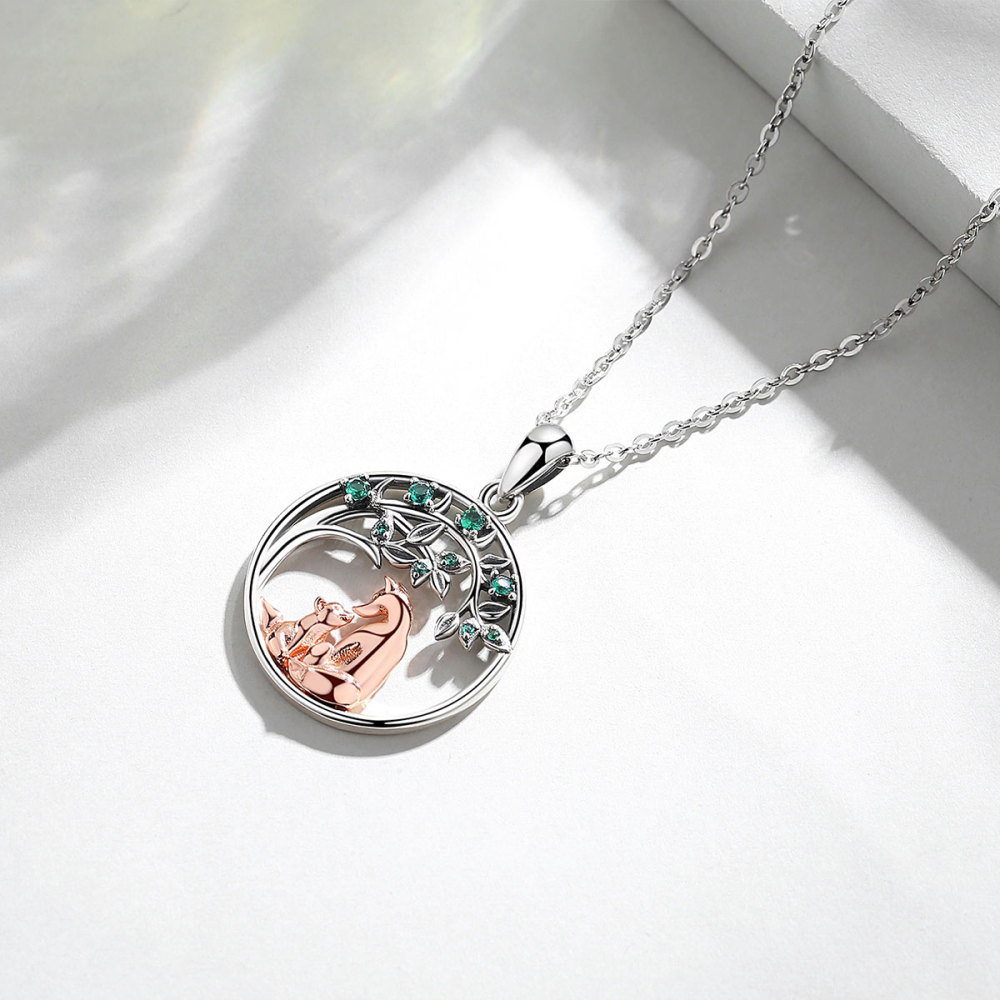 925 Sterling Silver Fox Pendant Mother & Baby Fox Necklace with Green CZ