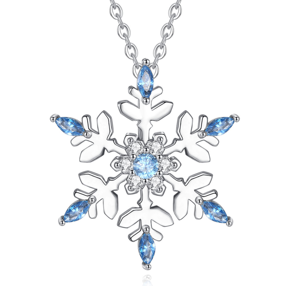 925 Sterling Silver Rhodium-Plated Snowflake Pendant with Blue Zircon Stone – Wholesale Jewelry