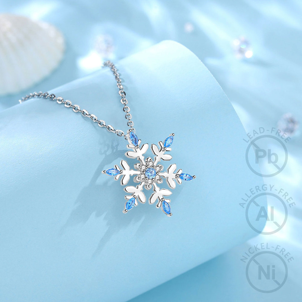 925 Sterling Silver Rhodium-Plated Snowflake Pendant with Blue Zircon Stone – Wholesale Jewelry