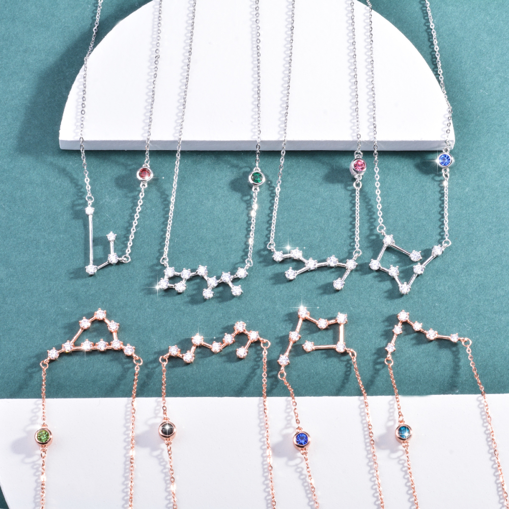 925 Sterling Silver 12 Zodiac Constellation Necklace with Birthstone