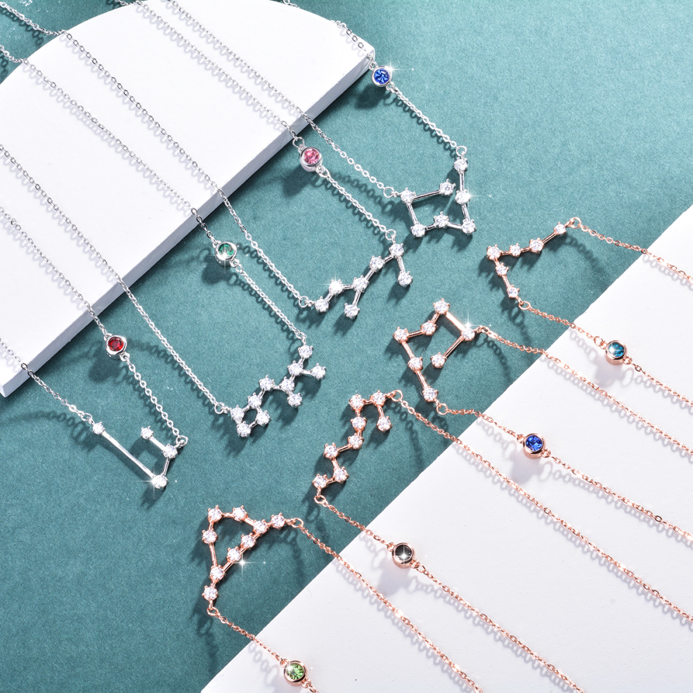 925 Sterling Silver 12 Zodiac Constellation Necklace with Birthstone