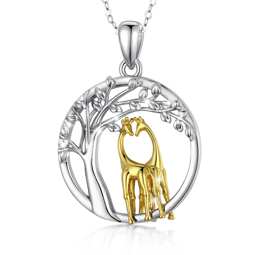 925 Sterling Silver Tree of Life Pendant Golden Giraffe Necklace