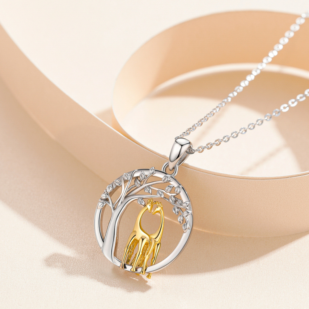 925 Sterling Silver Tree of Life Pendant Golden Giraffe Necklace
