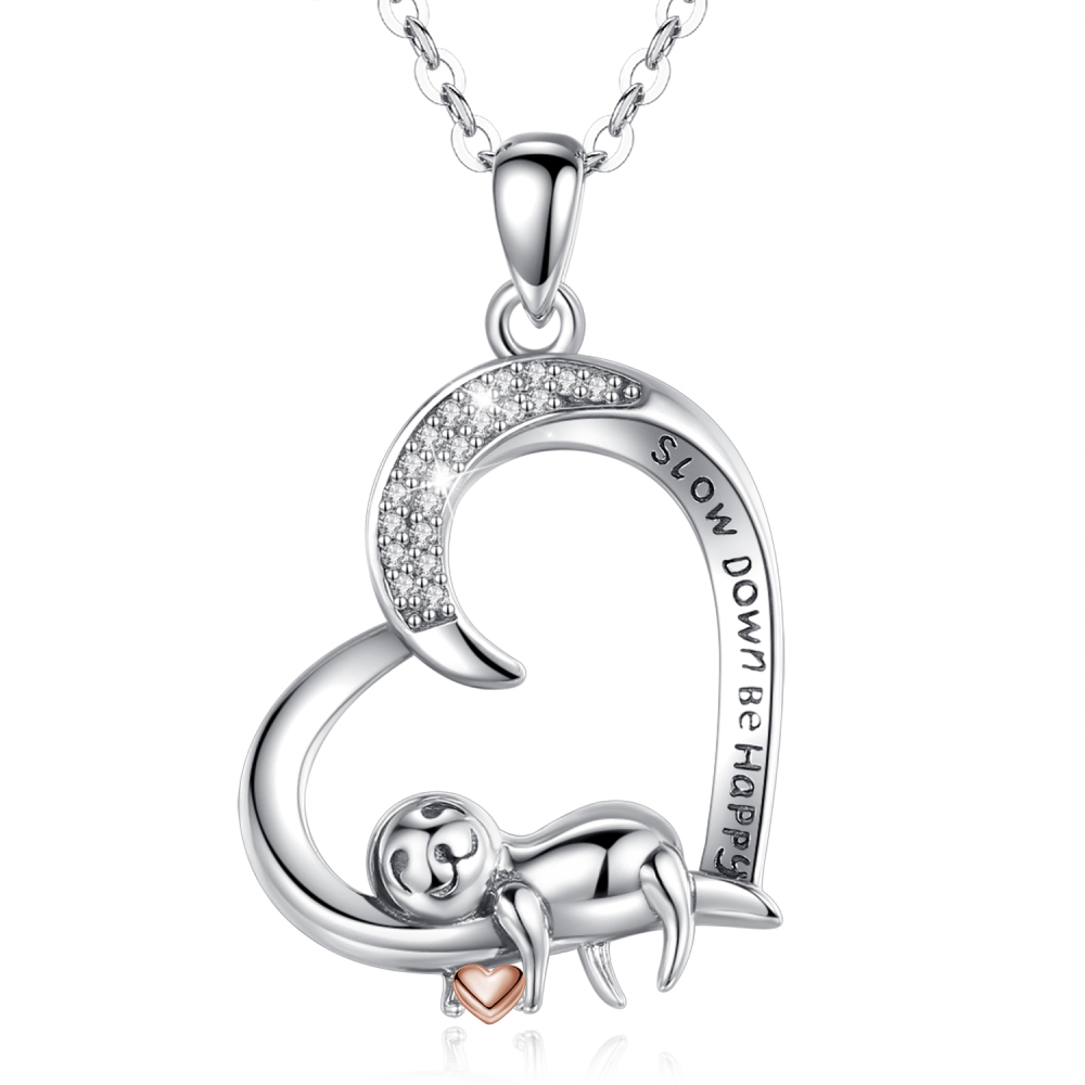 925 Sterling Silver CZ & Engraved Inspirational Quote Sloth Heart Pendant Necklace