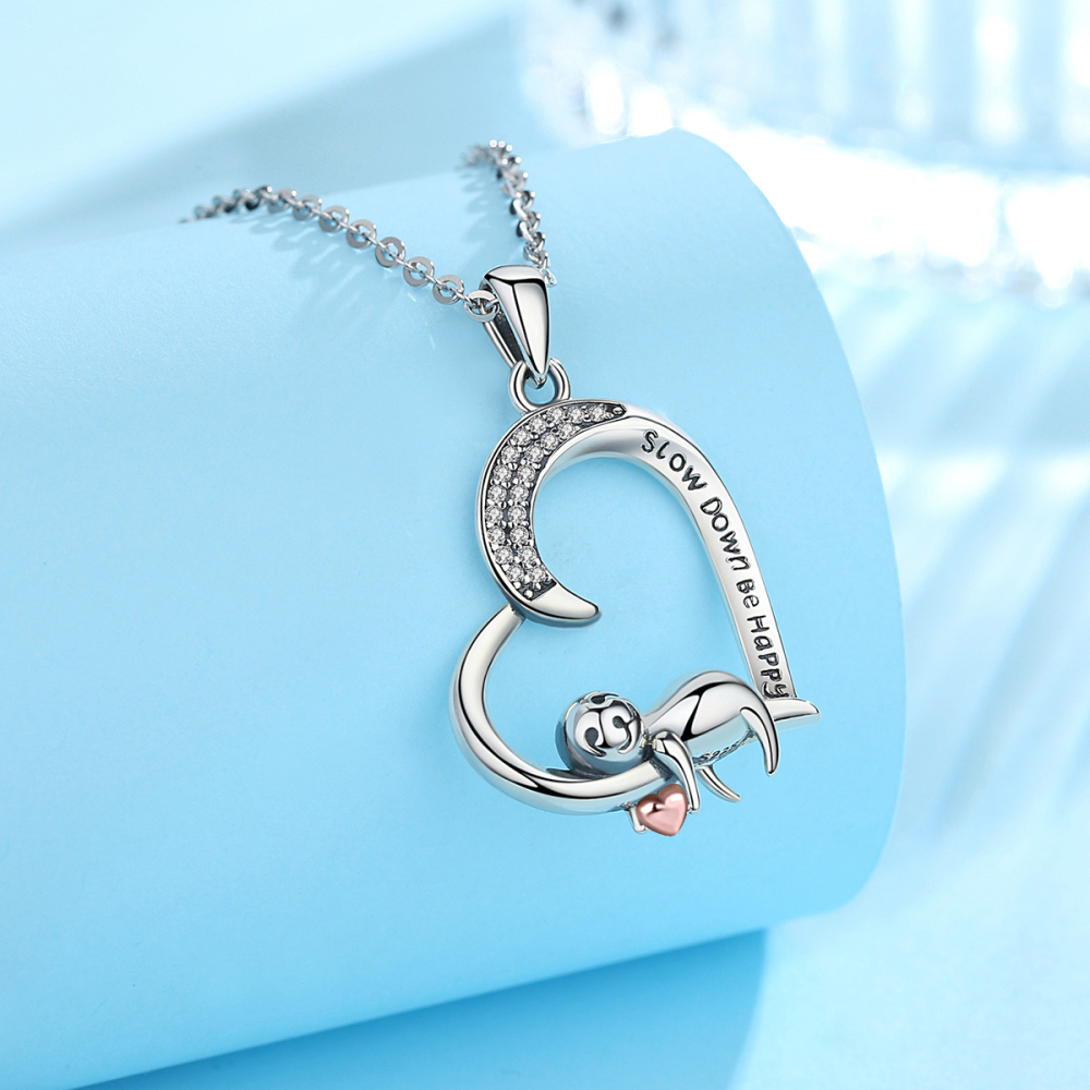 925 Sterling Silver CZ & Engraved Inspirational Quote Sloth Heart Pendant Necklace