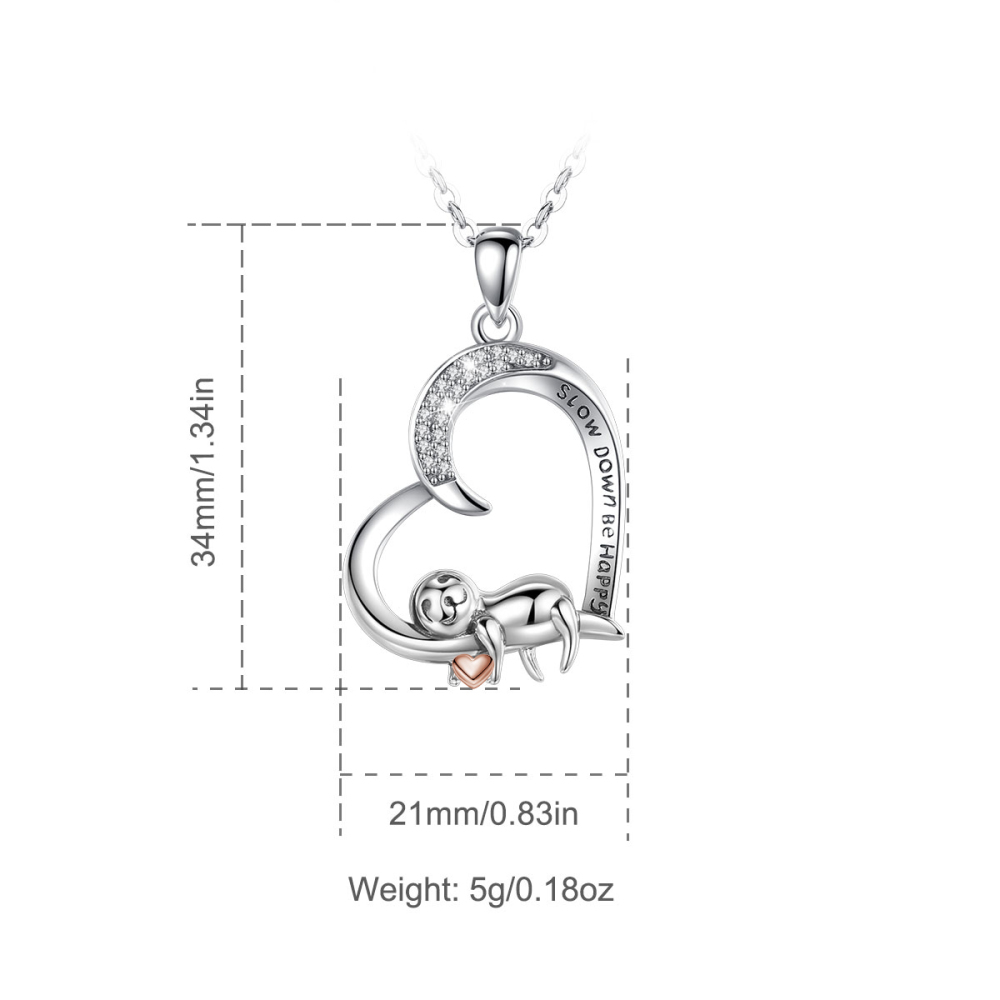 925 Sterling Silver CZ & Engraved Inspirational Quote Sloth Heart Pendant Necklace