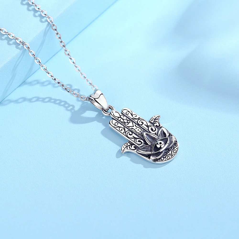 925 Sterling Silver Hamsa Hand Pendant Necklace – Protective Evil Eye Jewelry