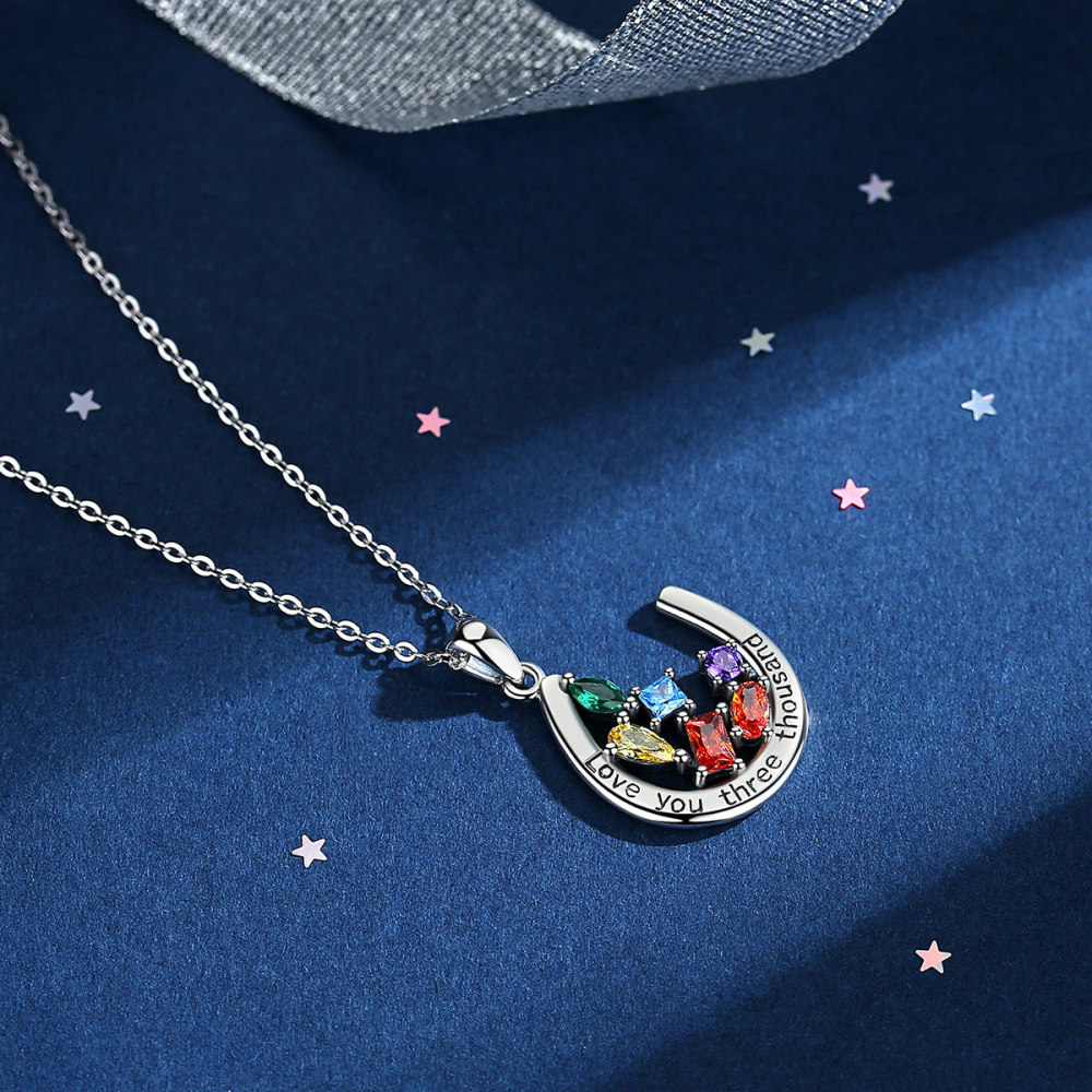925 Sterling Silver Horseshoe Pendant Necklace with Multicolor Gemstones