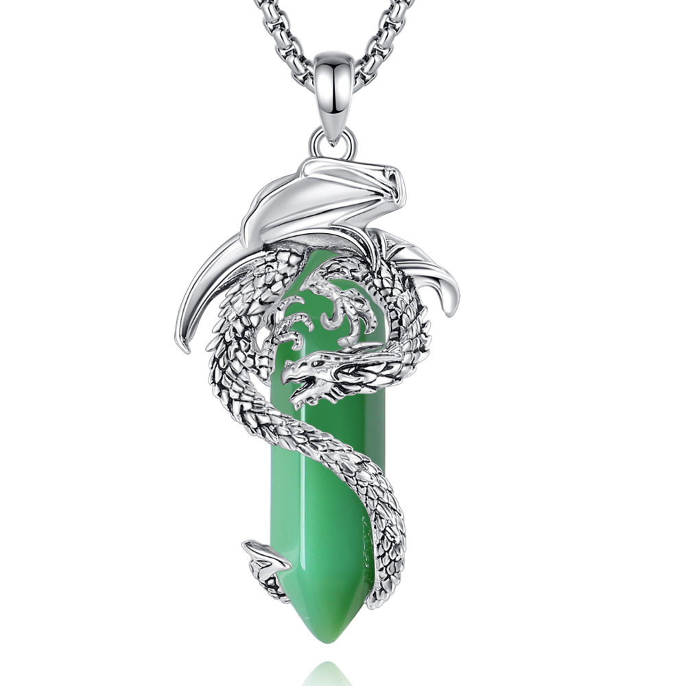 Winged Dragon Embracing Hexagonal Aventurine Pendant Necklace