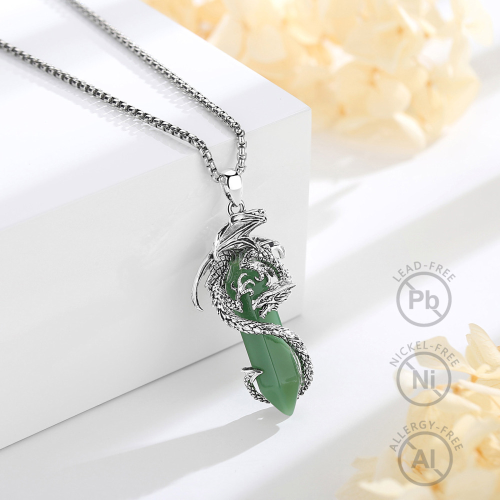 Winged Dragon Embracing Hexagonal Aventurine Pendant Necklace