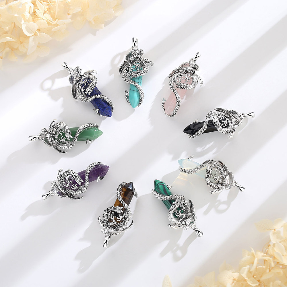 Winged Dragon Embracing Hexagonal Aventurine Pendant Necklace
