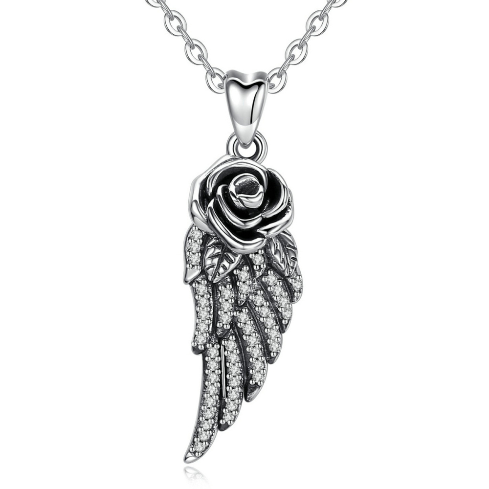 Vintage Rose & Feather Pendant 925 Sterling Silver Oxidized Necklace