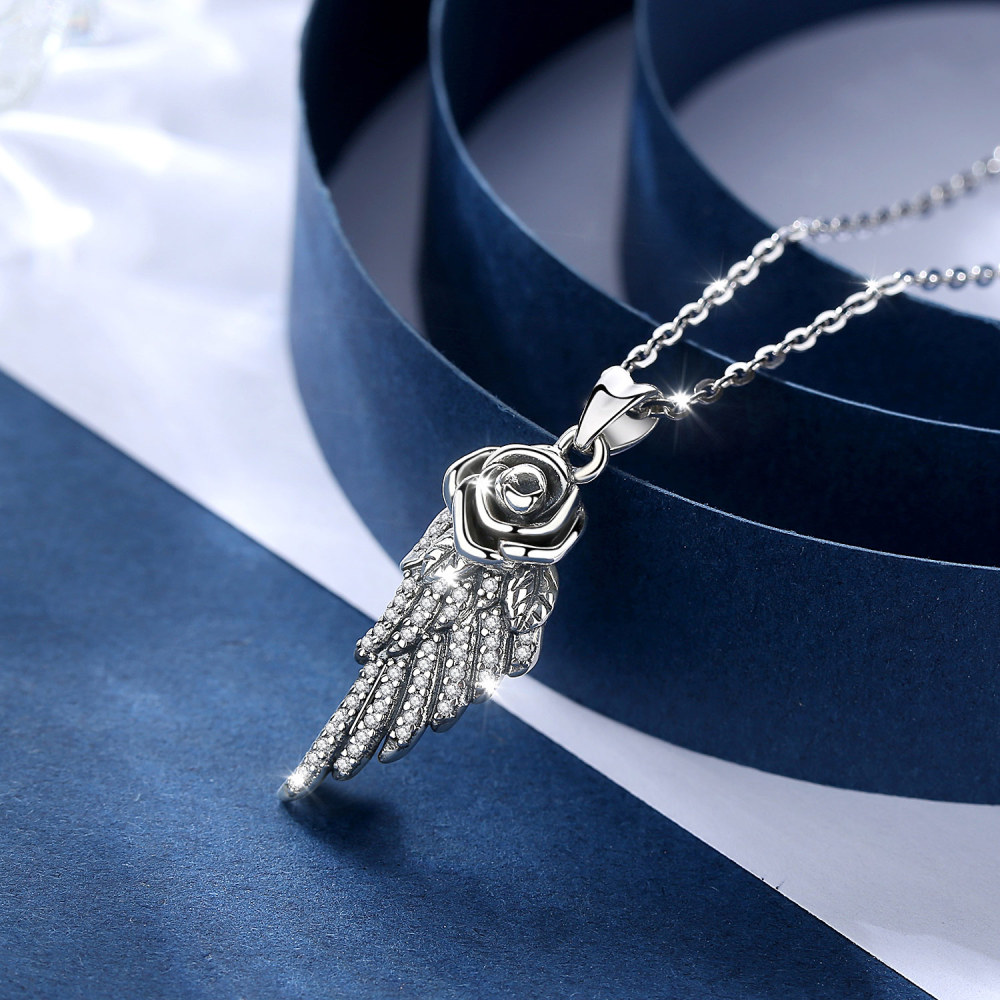 Vintage Rose & Feather Pendant 925 Sterling Silver Oxidized Necklace