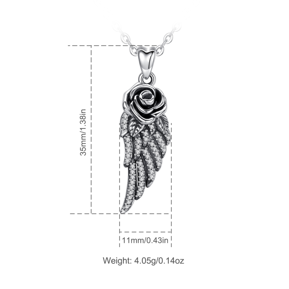 Vintage Rose & Feather Pendant 925 Sterling Silver Oxidized Necklace