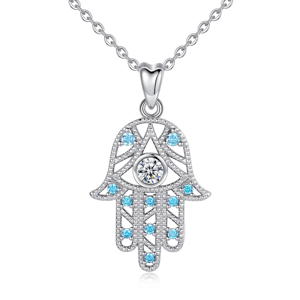 925 Sterling Silver Blue Zircon Evil Eye Hamsa Hand Pendant Necklace