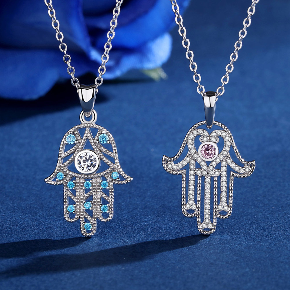 925 Sterling Silver Blue Zircon Evil Eye Hamsa Hand Pendant Necklace