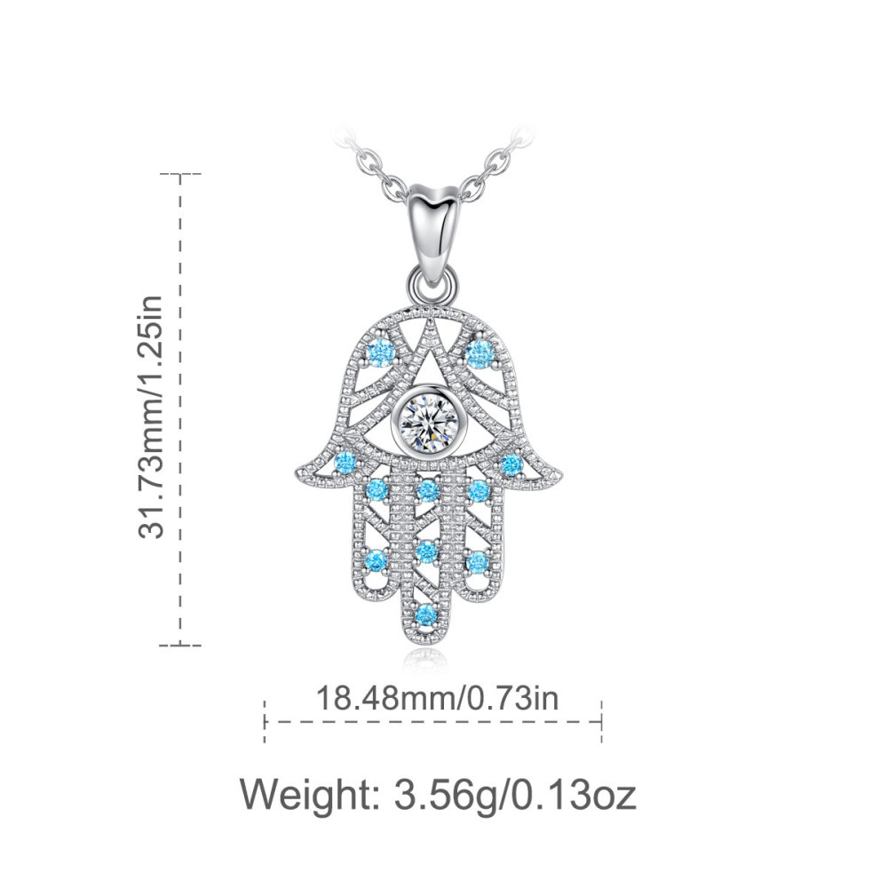 925 Sterling Silver Blue Zircon Evil Eye Hamsa Hand Pendant Necklace