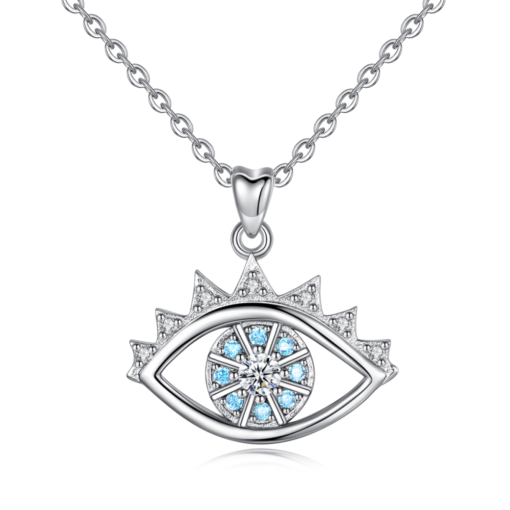 925 Sterling Silver Evil Eye Pendant Blue Zircon Protection Necklace