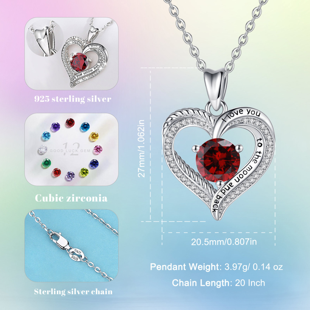 925 Sterling Silver 12 Month Birthstone Heart-Shaped Pendant Necklace