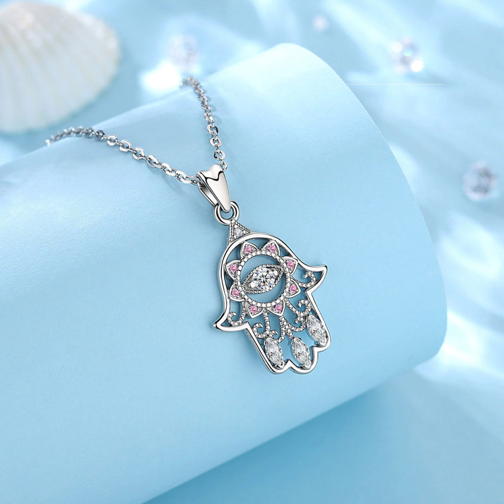 925 Sterling Silver Evil Eye Hamsa Pendant Necklace with CZ Stones
