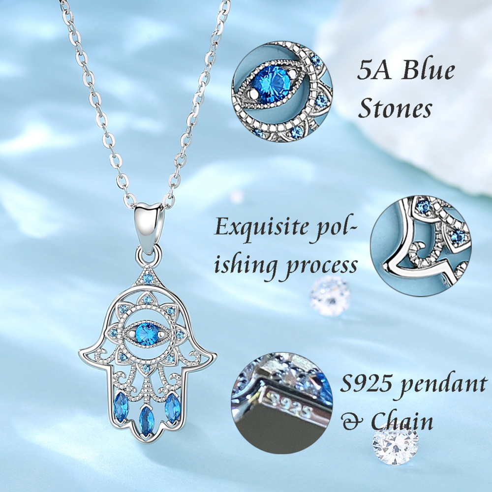 925 Sterling Silver Evil Eye Hamsa Pendant Necklace with CZ Stones