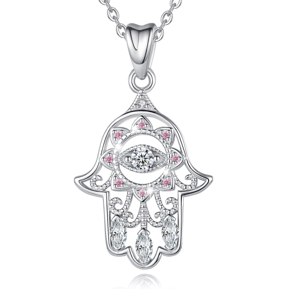 925 Sterling Silver Evil Eye Hamsa Pendant Necklace with CZ Stones