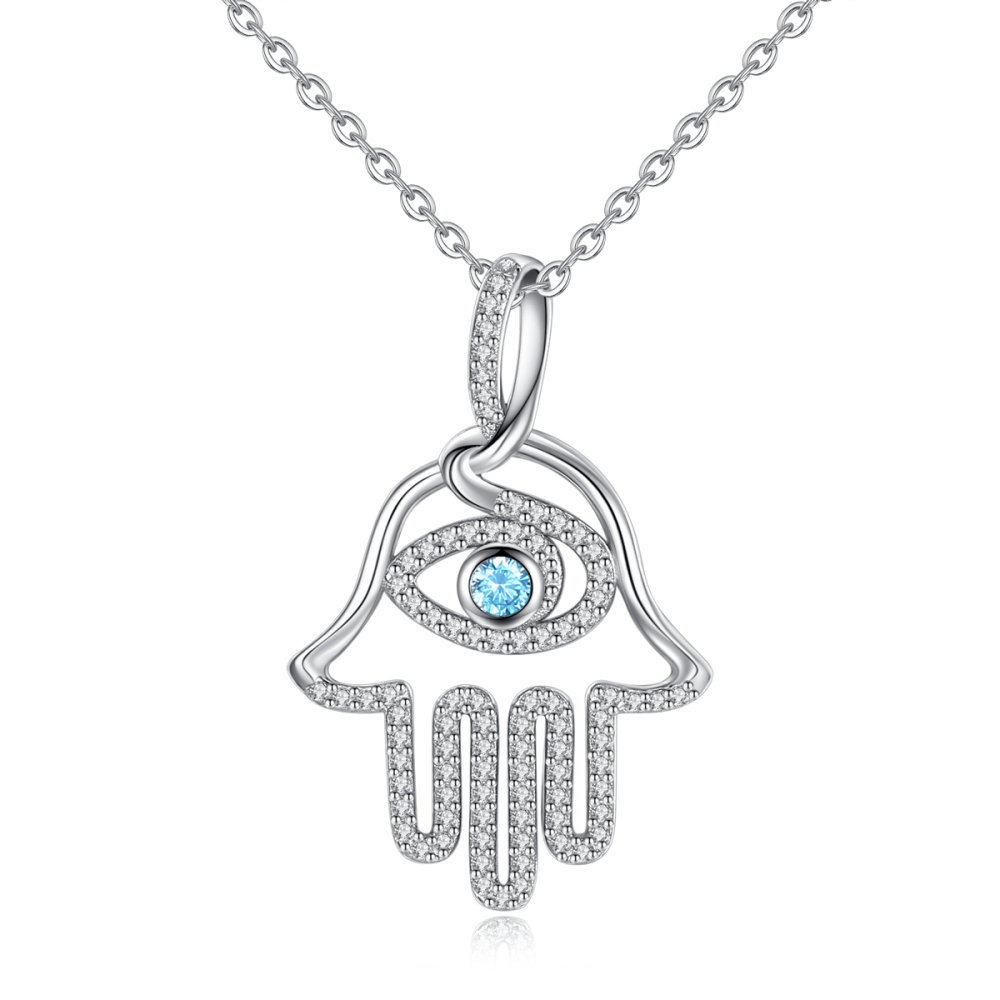 925 Sterling Silver Hamsa Hand Spiritual Protection Pendant Necklace with Evil Eye