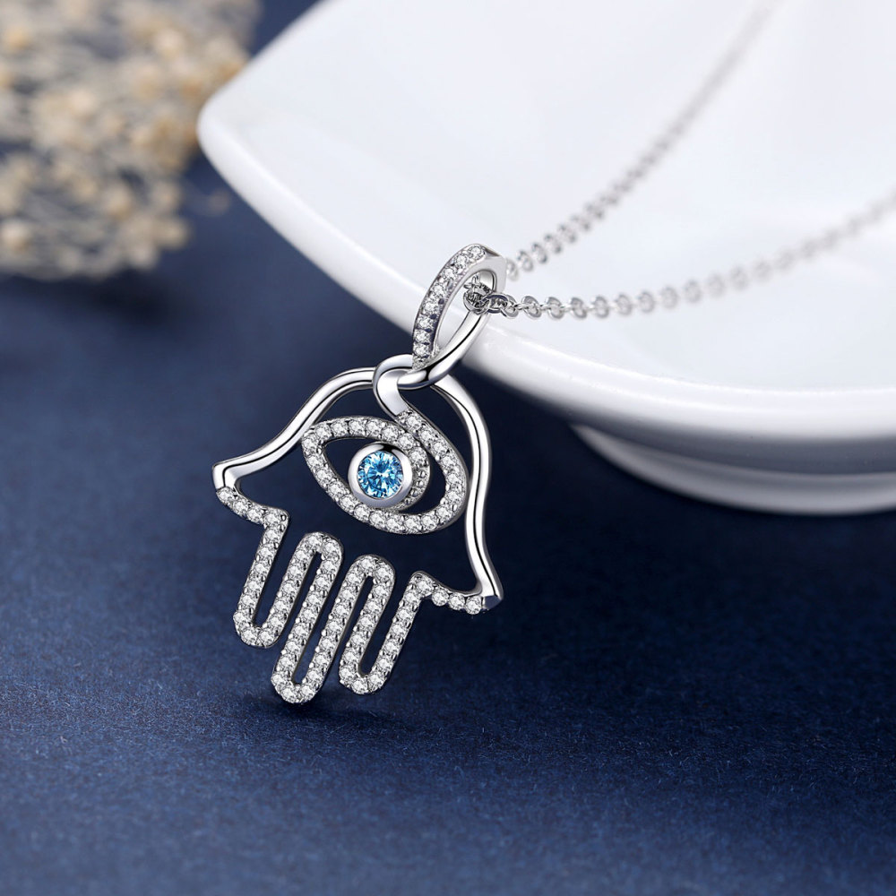 925 Sterling Silver Hamsa Hand Spiritual Protection Pendant Necklace with Evil Eye