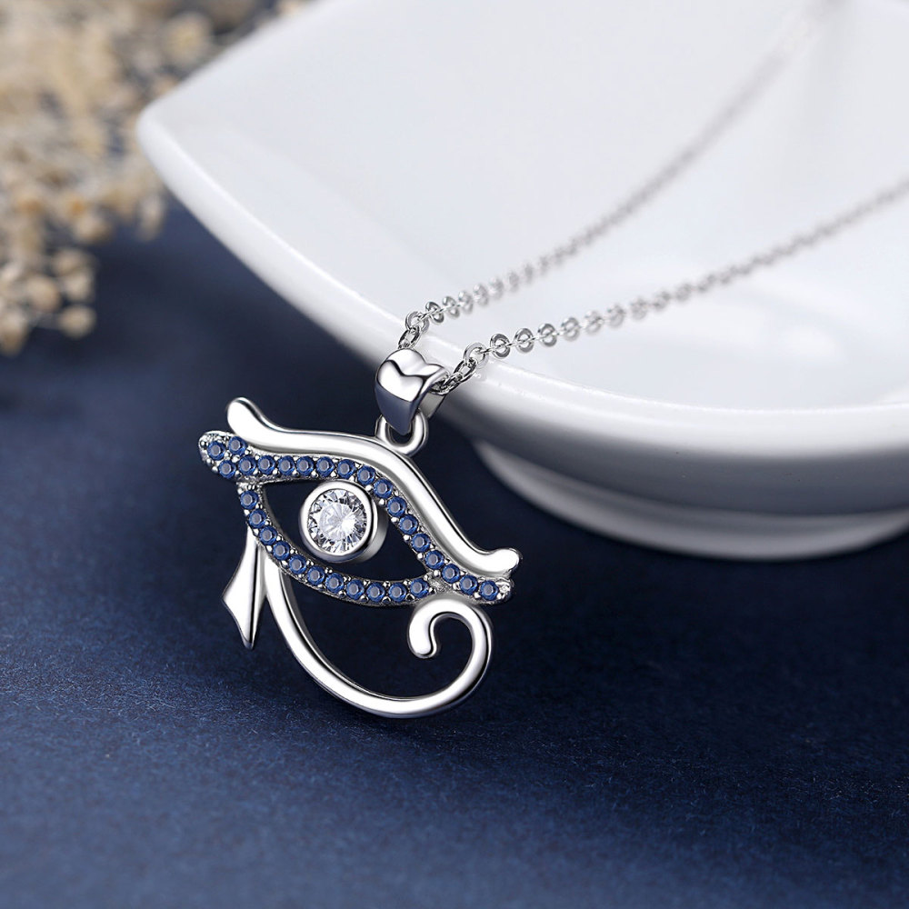 Blue Zircon Protection Amulet 925 Sterling Silver Eye of Horus Pendant Necklace