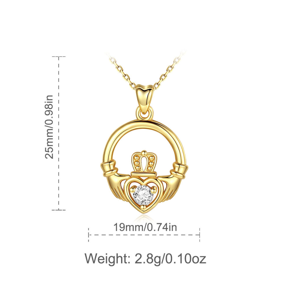 925 Sterling Silver Gold Plated Claddagh Necklace with Heart Crown and CZ Stone