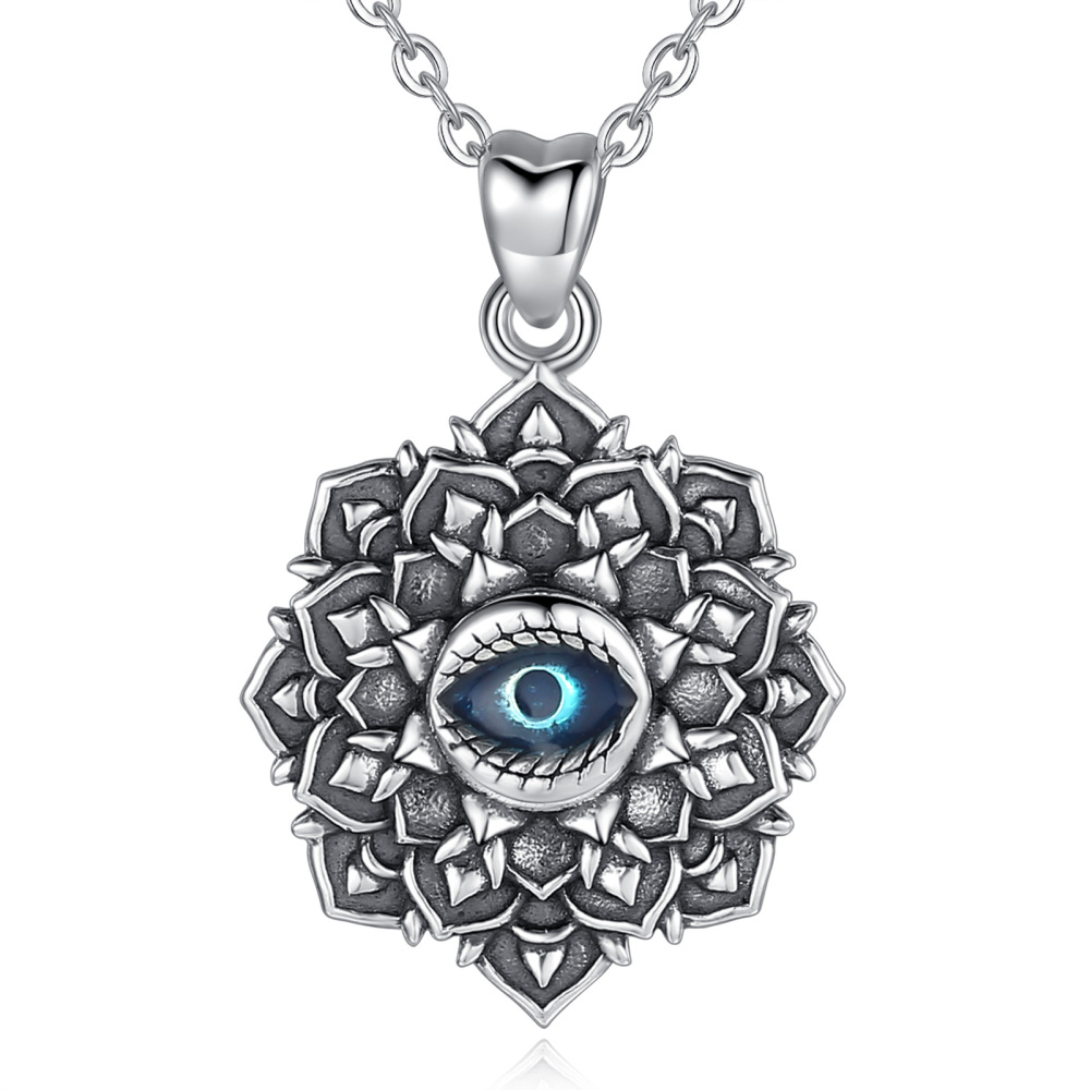 Vintage Design 925 Sterling Silver Evil Eye Lotus Pendant Necklace