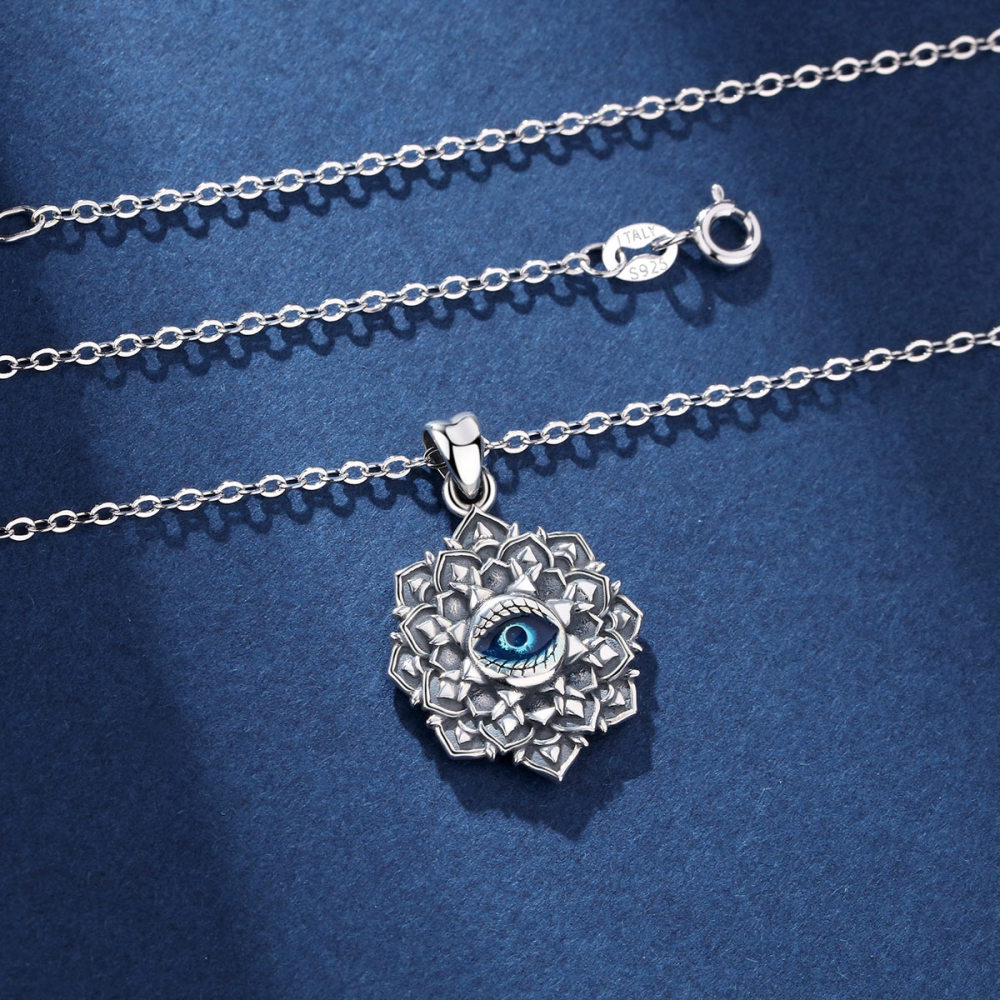 Vintage Design 925 Sterling Silver Evil Eye Lotus Pendant Necklace