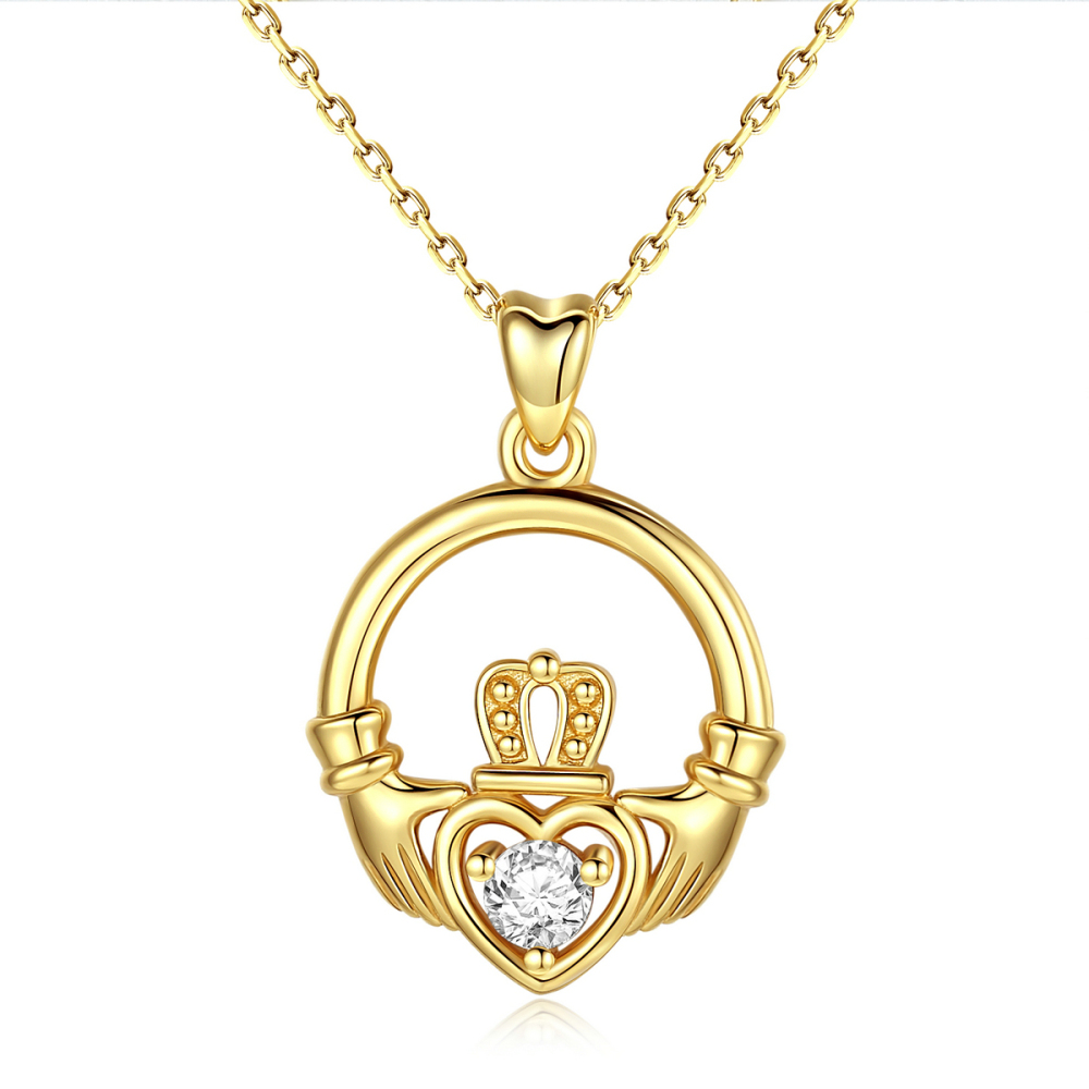 925 Sterling Silver Gold Plated Claddagh Necklace with Heart Crown and CZ Stone