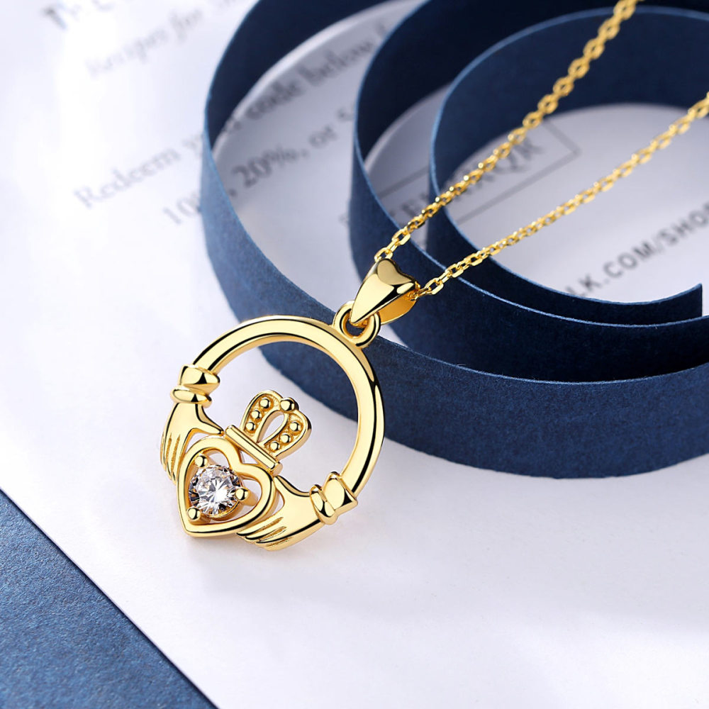 925 Sterling Silver Gold Plated Claddagh Necklace with Heart Crown and CZ Stone
