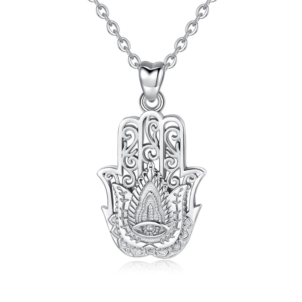 925 Sterling Silver Hamsa Hand Necklace with Intricate Lotus & Evil Eye Design