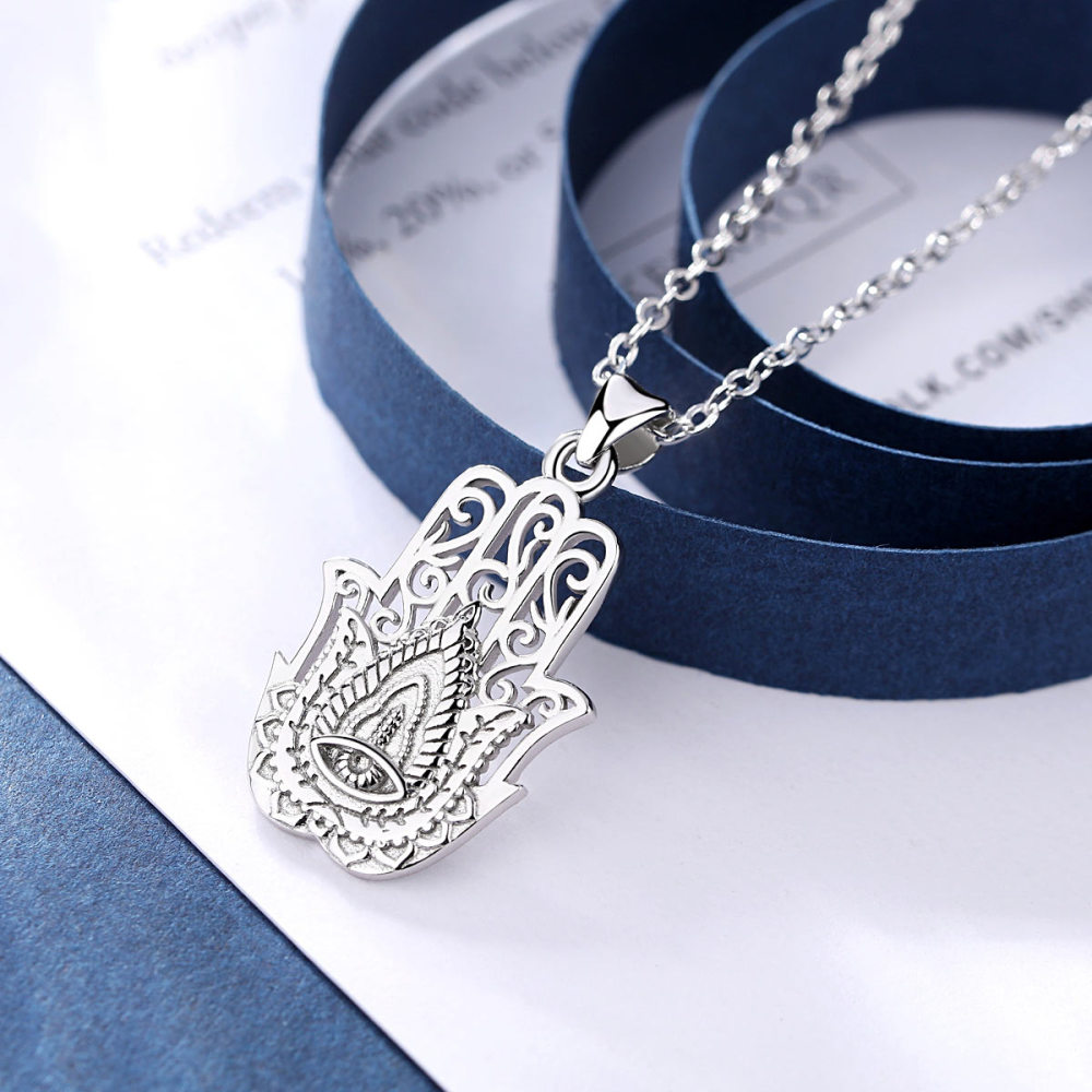 925 Sterling Silver Hamsa Hand Necklace with Intricate Lotus & Evil Eye Design