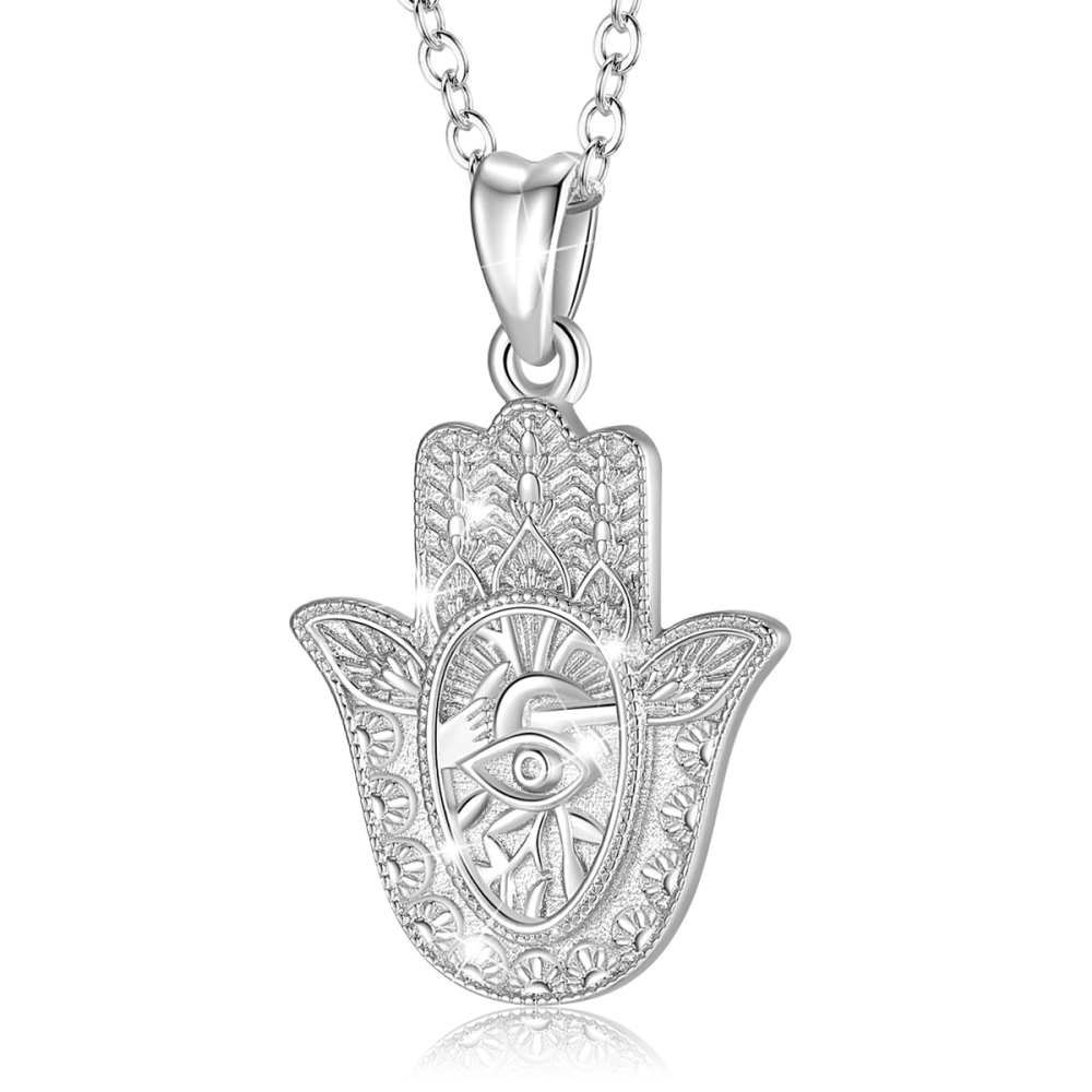 925 Sterling Silver Eye of Protection Hamsa Hand Pendant Necklace