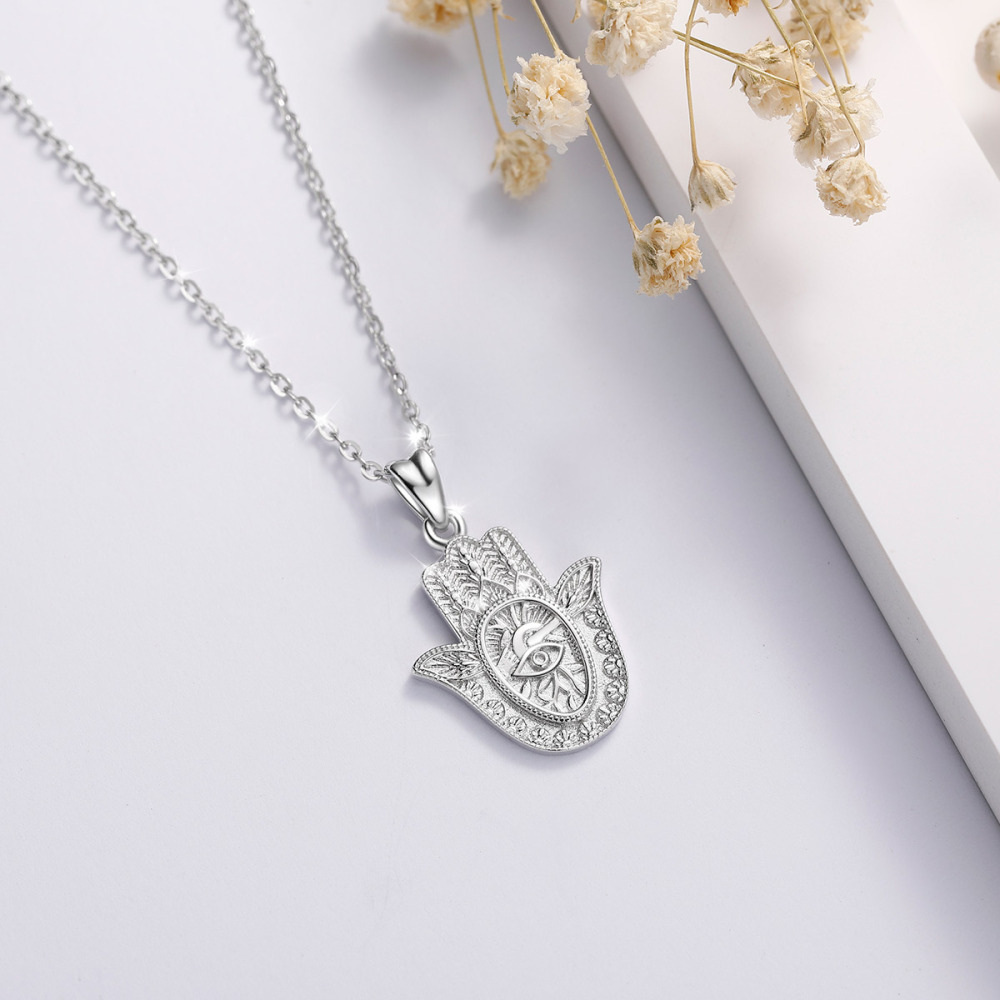 925 Sterling Silver Eye of Protection Hamsa Hand Pendant Necklace