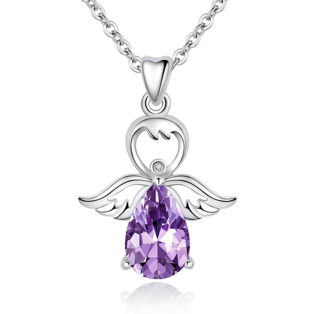 925 Sterling Silver Teardrop Purple Zircon Charm Angel Pendant Necklace