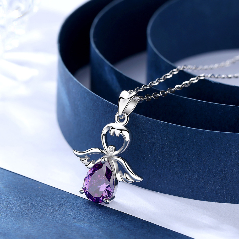 925 Sterling Silver Teardrop Purple Zircon Charm Angel Pendant Necklace