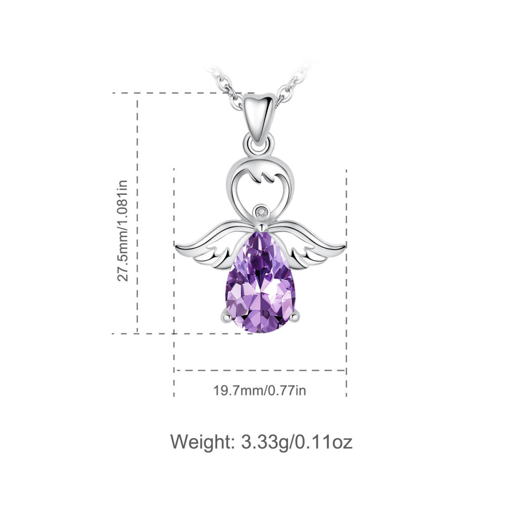 925 Sterling Silver Teardrop Purple Zircon Charm Angel Pendant Necklace