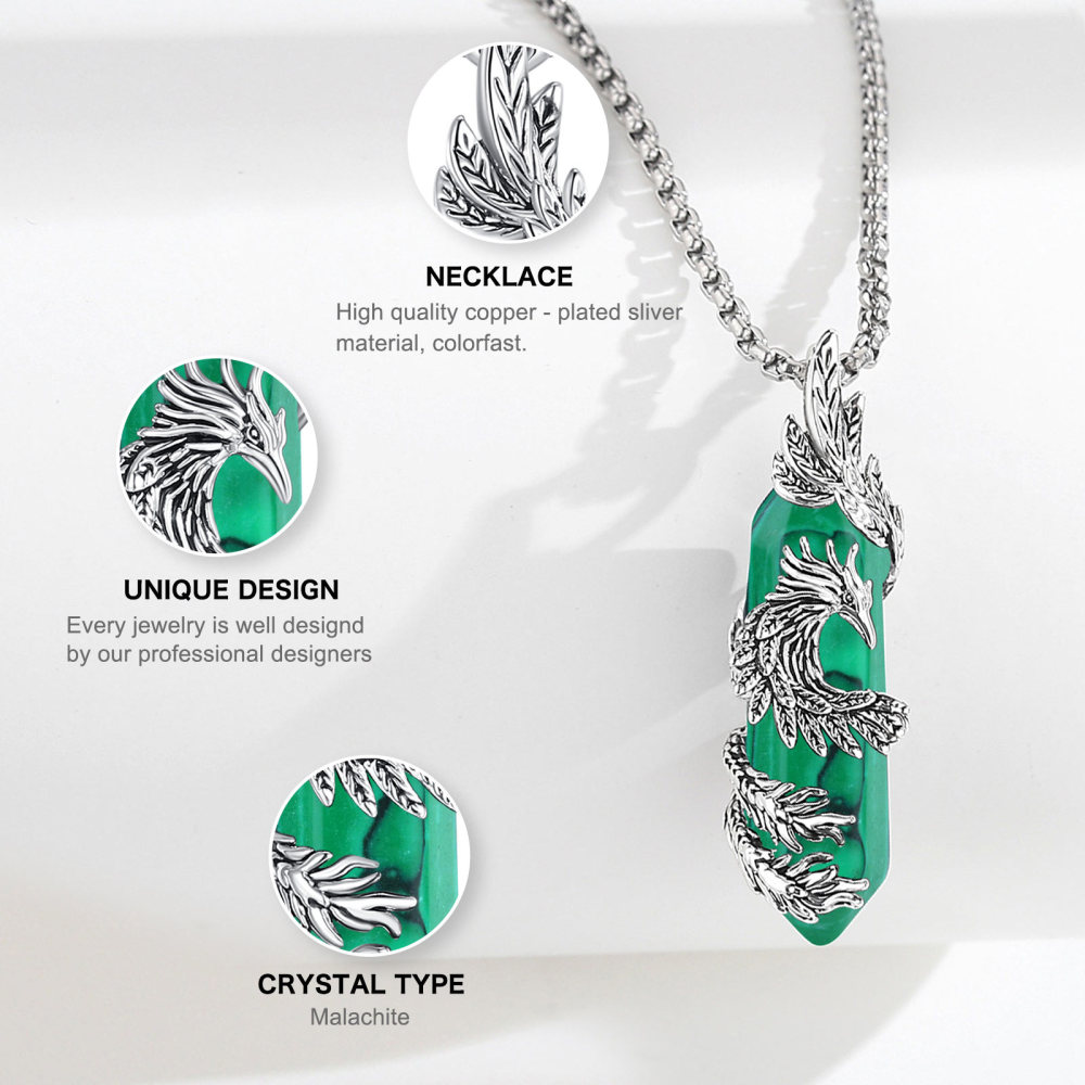 Hexagonal Malachite Phoenix Pendant Necklace