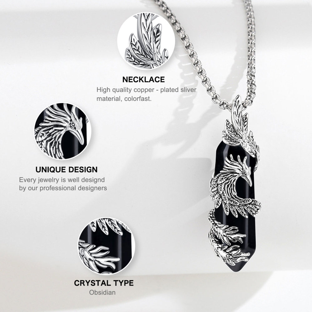 Silver Plated Hexagonal Black Obsidian Phoenix Pendant