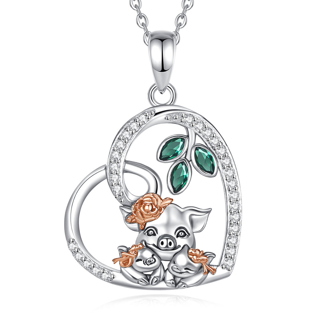 925 Sterling Silver Mother Pig & Piglets Heart Pendant Necklace